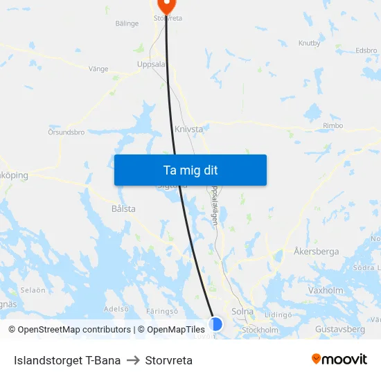 Islandstorget T-Bana to Storvreta map
