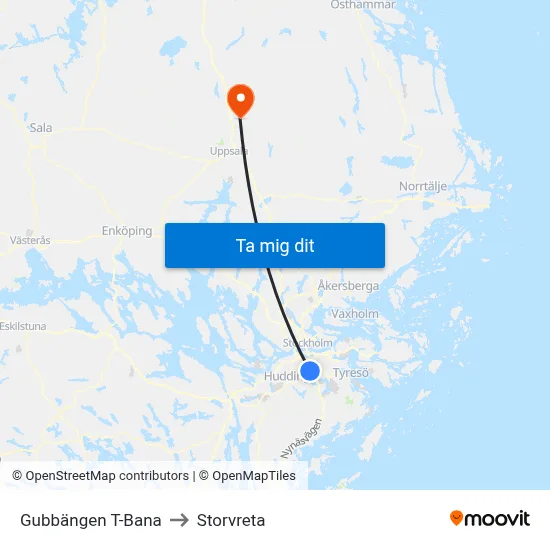 Gubbängen T-Bana to Storvreta map