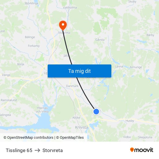 Tisslinge 65 to Storvreta map