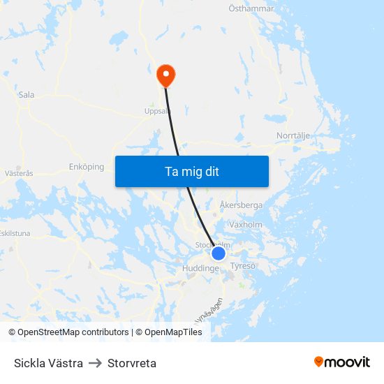 Sickla Västra to Storvreta map