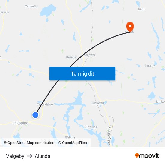 Valgeby to Alunda map