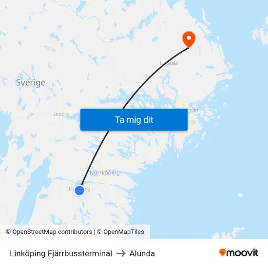 Linköping Fjärrbussterminal to Alunda map