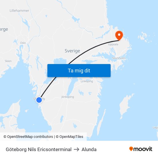 Göteborg Nils Ericsonterminal to Alunda map