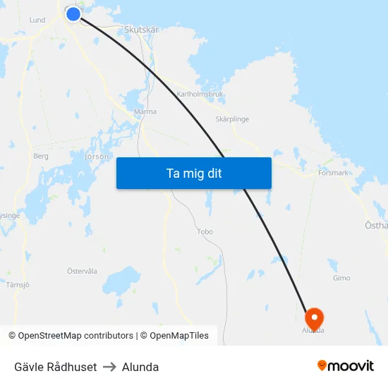 Gävle Rådhuset to Alunda map