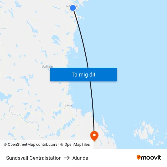 Sundsvall Centralstation to Alunda map
