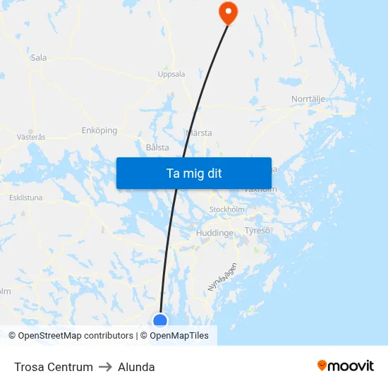 Trosa Centrum to Alunda map