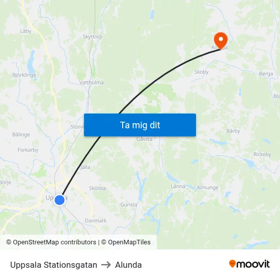 Uppsala Stationsgatan to Alunda map