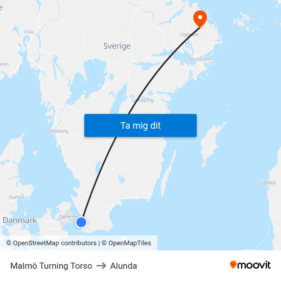 Malmö Turning Torso to Alunda map