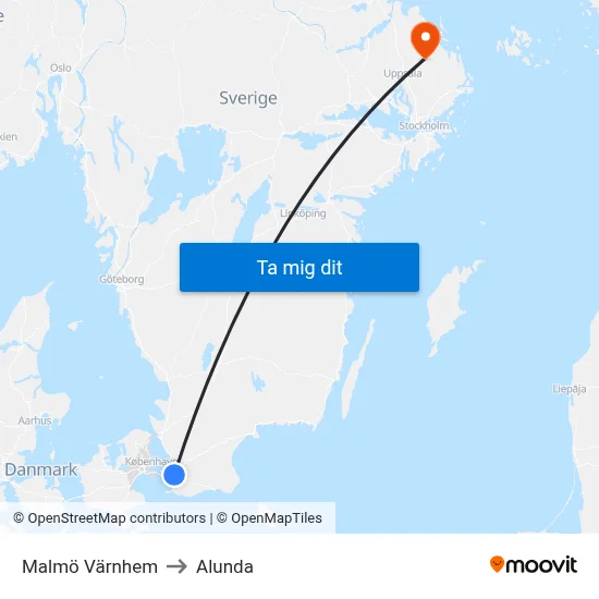Malmö Värnhem to Alunda map