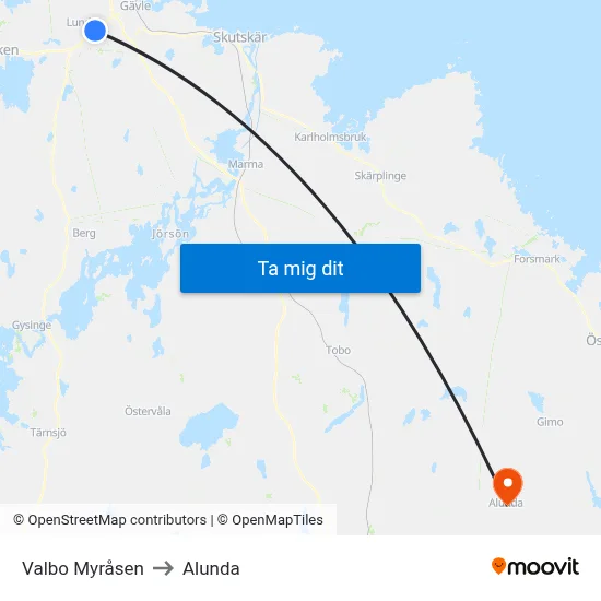 Valbo Myråsen to Alunda map
