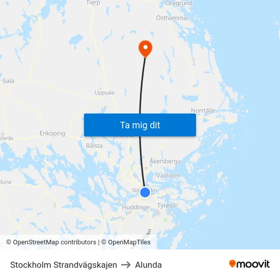 Stockholm Strandvägskajen to Alunda map