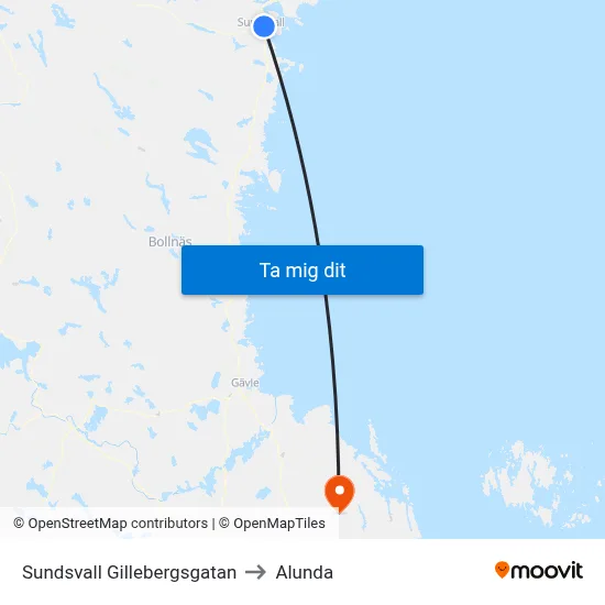 Sundsvall Gillebergsgatan to Alunda map