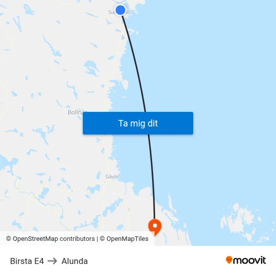 Birsta E4 to Alunda map