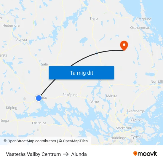 Västerås Vallby Centrum to Alunda map