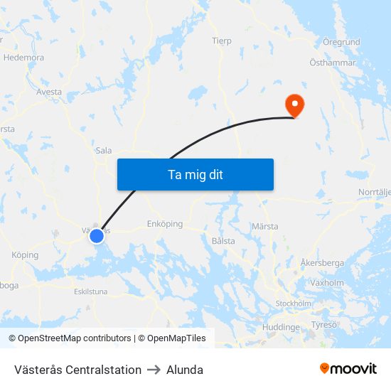 Västerås Centralstation to Alunda map