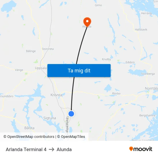 Arlanda Terminal 4 to Alunda map