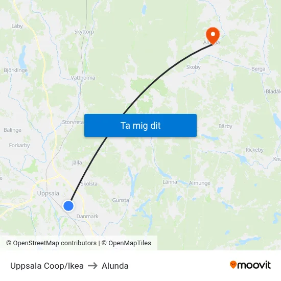 Uppsala Coop/Ikea to Alunda map