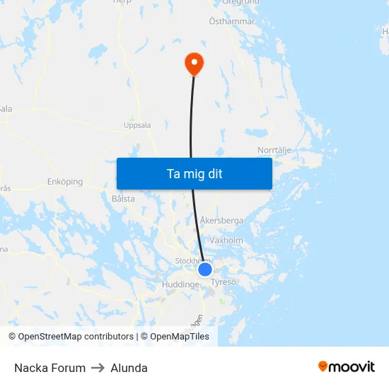 Nacka Forum to Alunda map