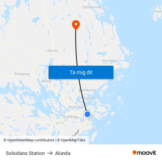 Solsidans Station to Alunda map