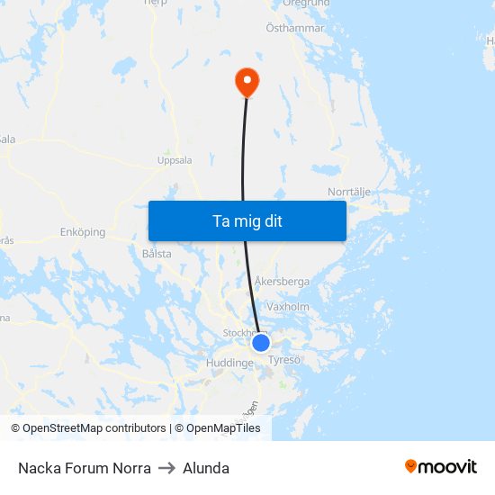 Nacka Forum Norra to Alunda map