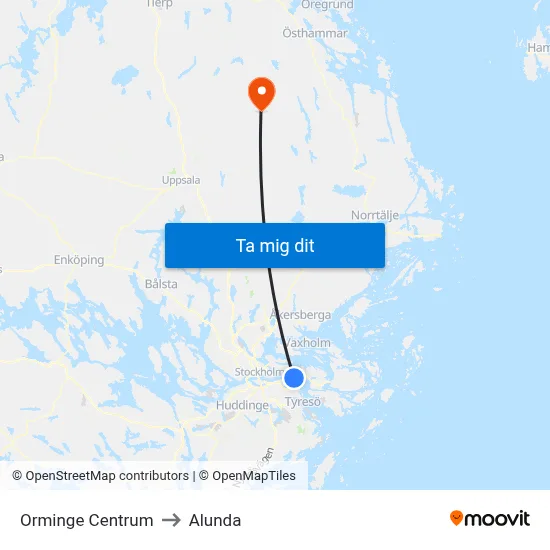 Orminge Centrum to Alunda map