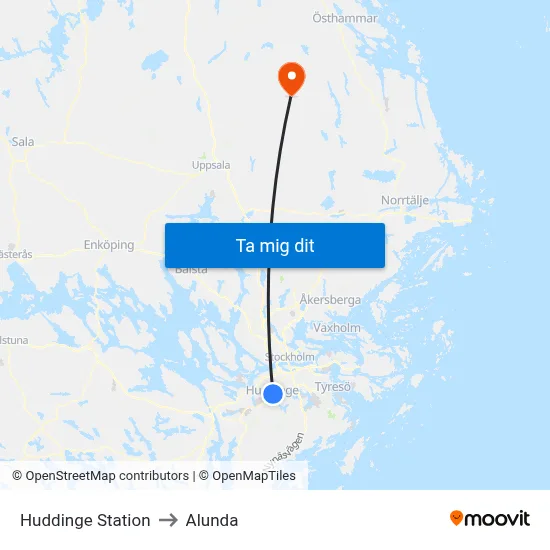 Huddinge Station to Alunda map