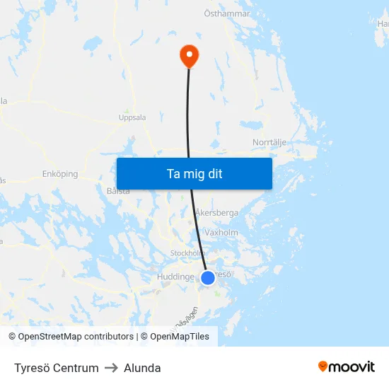 Tyresö Centrum to Alunda map