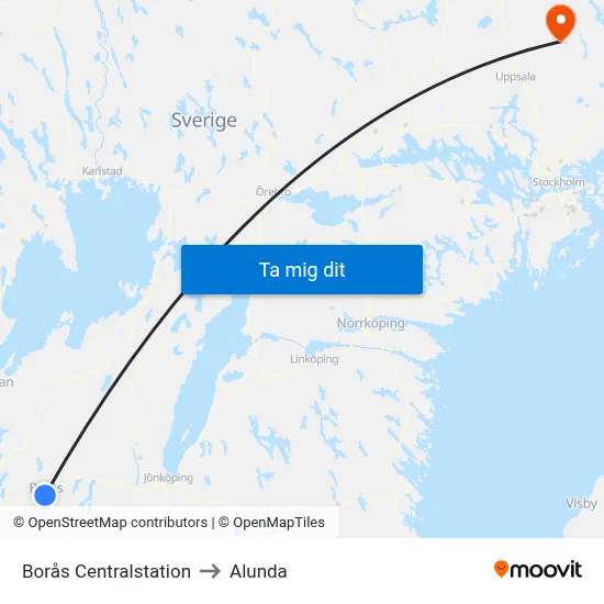 Borås Centralstation to Alunda map