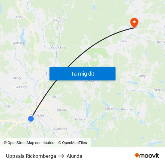 Uppsala Rickomberga to Alunda map