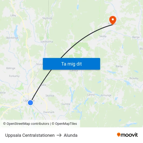 Uppsala Centralstationen to Alunda map