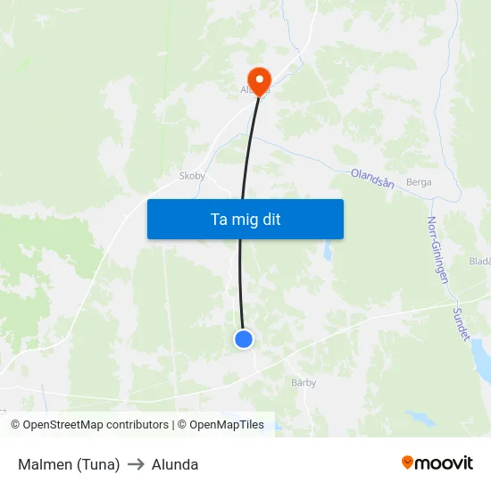 Malmen (Tuna) to Alunda map