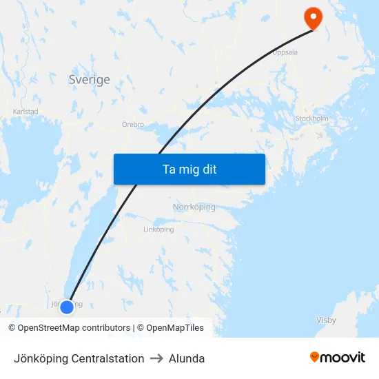 Jönköping Centralstation to Alunda map