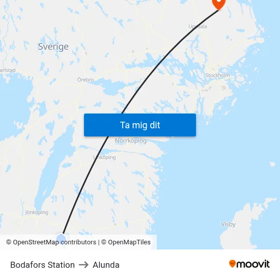 Bodafors Station to Alunda map