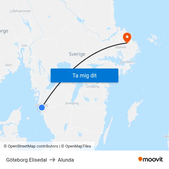 Göteborg Elisedal to Alunda map