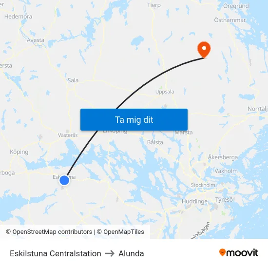 Eskilstuna Centralstation to Alunda map