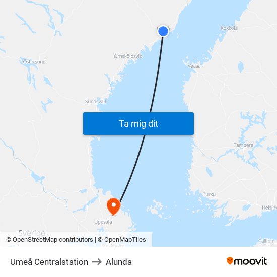 Umeå Centralstation to Alunda map