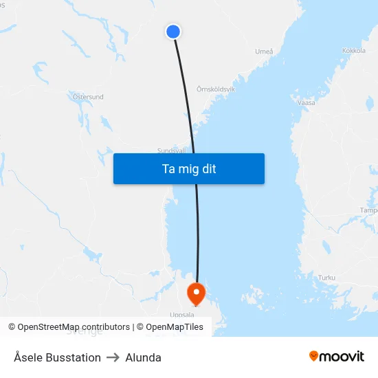 Åsele Busstation to Alunda map