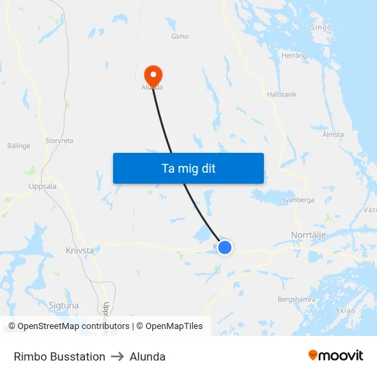 Rimbo Busstation to Alunda map