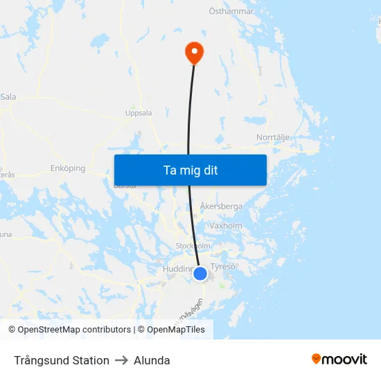 Trångsund Station to Alunda map
