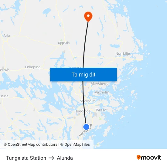 Tungelsta Station to Alunda map