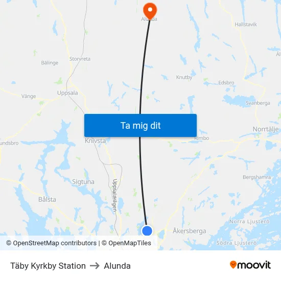 Täby Kyrkby Station to Alunda map