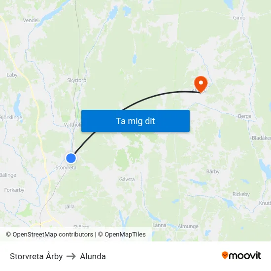 Storvreta Årby to Alunda map