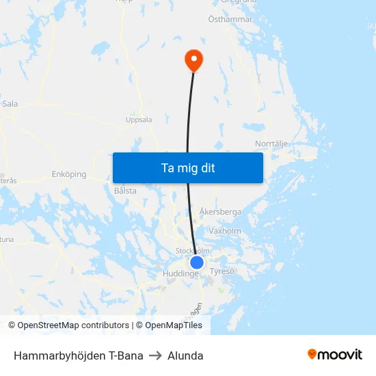Hammarbyhöjden T-Bana to Alunda map