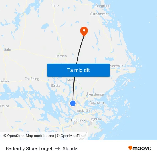 Barkarby Stora Torget to Alunda map