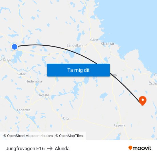 Jungfruvägen E16 to Alunda map