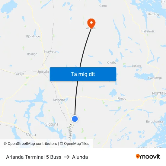Arlanda Terminal 5 Buss to Alunda map