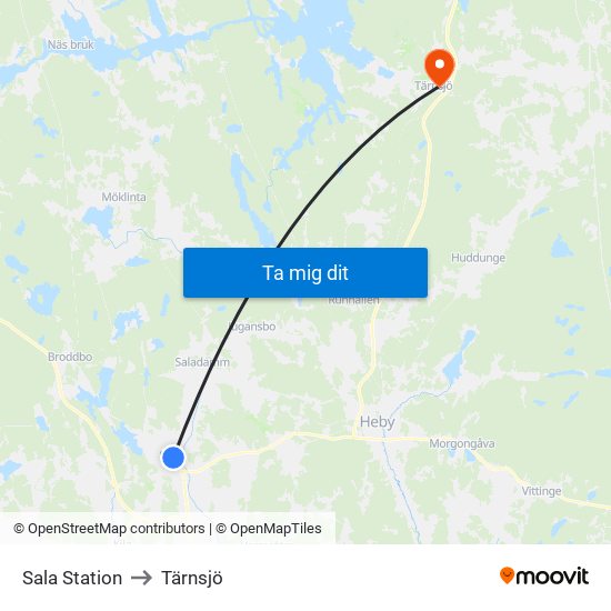 Sala Station to Tärnsjö map