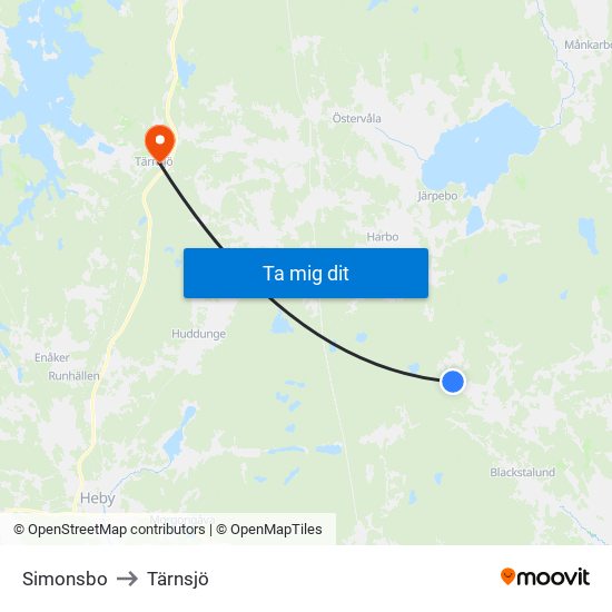 Simonsbo to Tärnsjö map