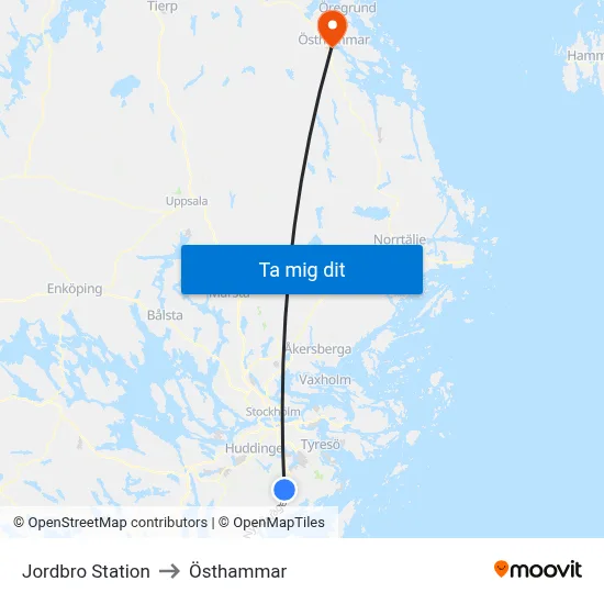 Jordbro Station to Östhammar map