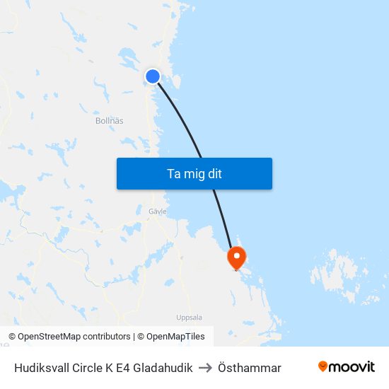 Hudiksvall Circle K E4 Gladahudik to Östhammar map